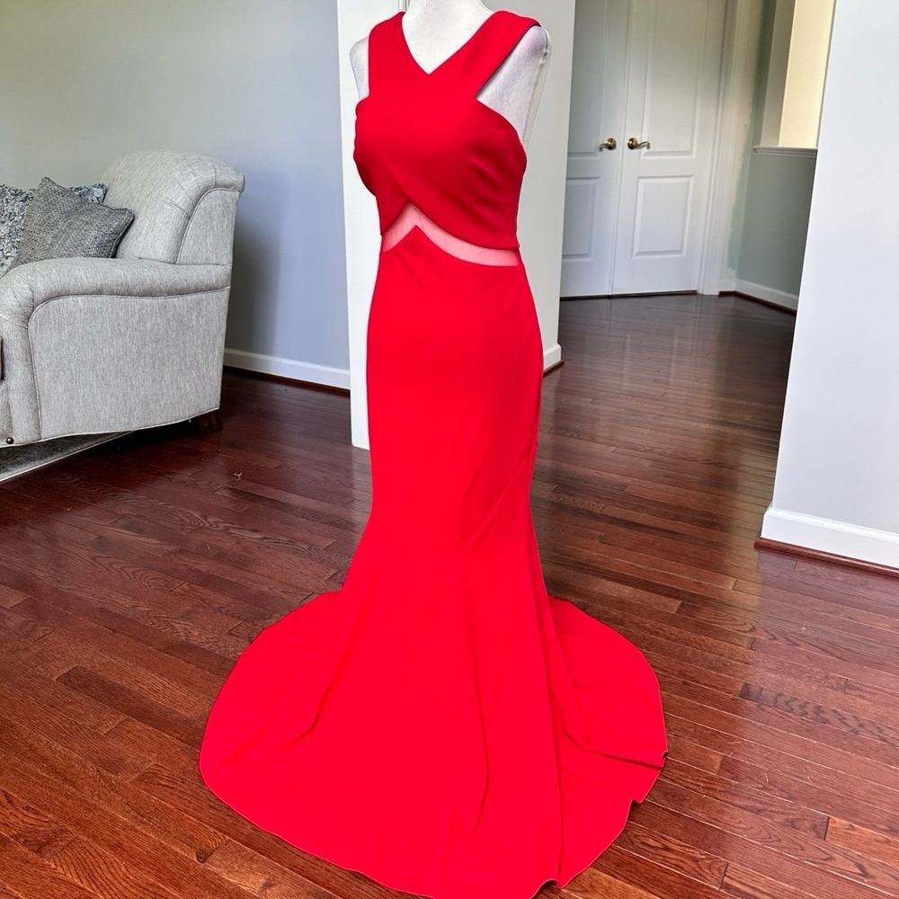 Cachet Red Cutout Sheer Panel Mermaid Criss Cross Feminine Ethereal Gown Dress